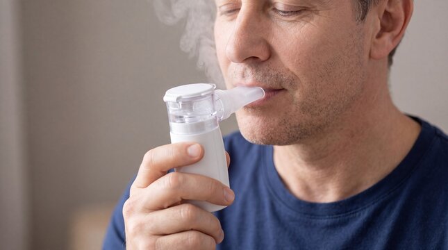A man uses a portable handheld nebulizer device to inhale medication, holding the mask to ad social media download thambnail poster web template event festival 2026 2027 2028