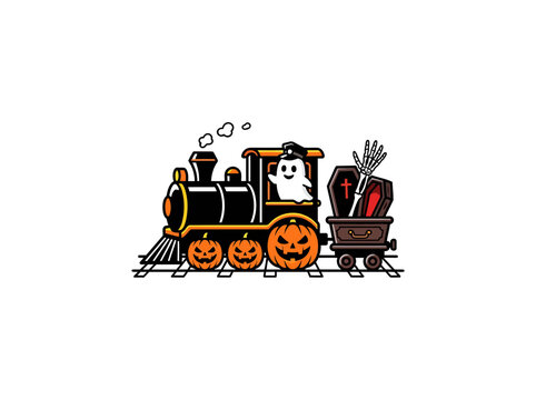 Ghost Train With Pumpkin Wheels And Coffin Wagon Halloween Vector Illustration