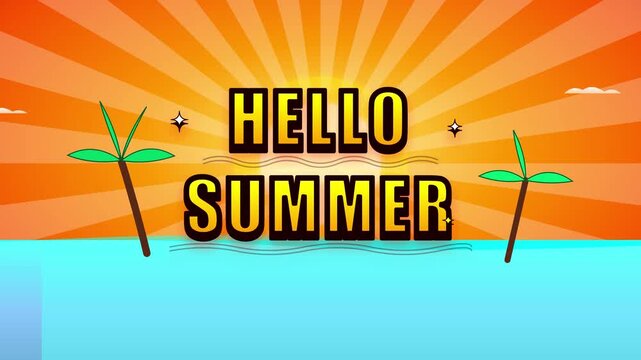 Pixel art tropical beach landscape with hello summer greeting