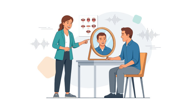Speech therapist teaching patient pronunciation using mirror and charts, symbolizing communication and vocal training.