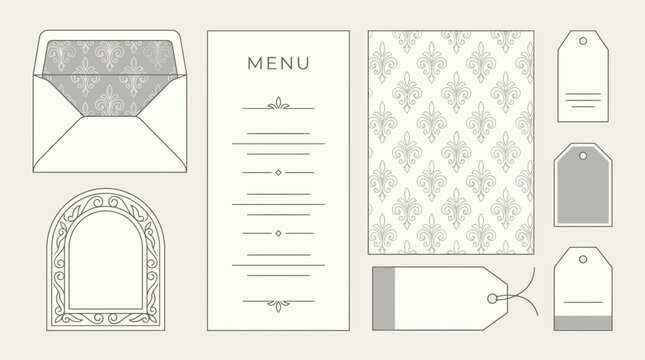 Elegant stationery set: envelope, menu, patterned paper, tags