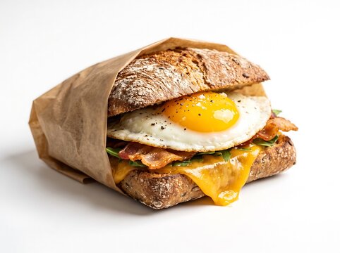 Breakfast Fried Egg Bacon And Cheese Sandwich Wrapped In Paper