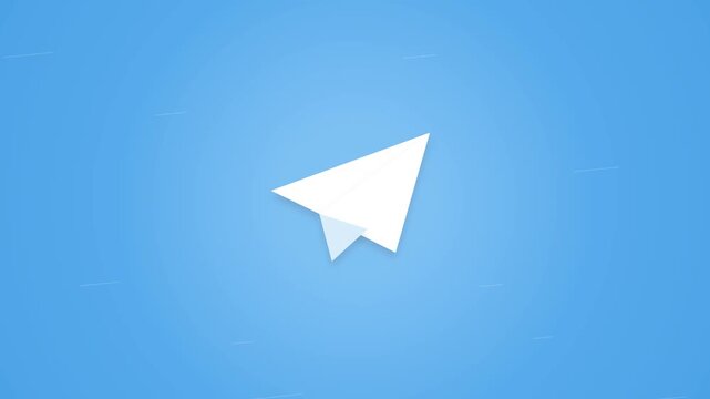 White paper airplane icon on blue background, representing email sent, communication, message delivery, and business motion graphic.