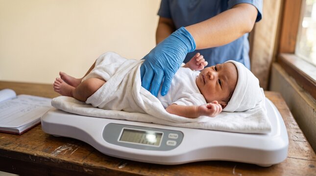 Newborn Baby on Digital Medical Scale Being Weighed by Healthcare Professional with Blue Gloves in Clinical Setting or Hospital Environment