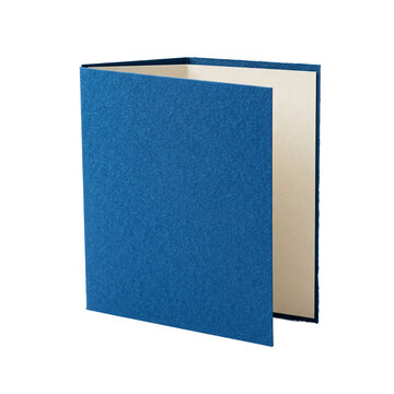 Blue Hardcover Book Standing Open on White Background.