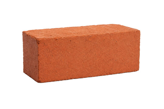 Single traditional red clay brick, a rectangular building material with a rough texture, isolated on a clean white background