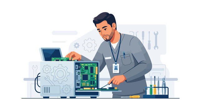 Computer technician repairing intricate motherboard with tools and equipment in a workshop setting, vector illustration.