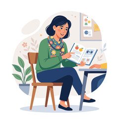 Fototapeta premium Woman teaching, reading, or consulting from a book about health and fitness. Vector illustration.