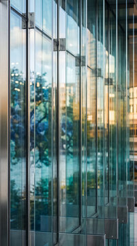 Reflective glass facade with metallic framing, showcasing urban architecture and reflecting natural light, representing modernity and sleek design
