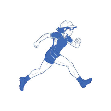 Anime Style Girl Runner in Sports Uniform Blue Line Art