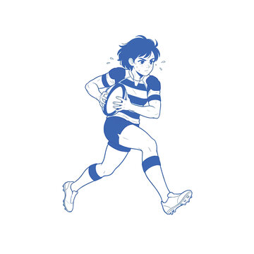 Female Rugby Player Running with Ball, Blue Line Art Illustration