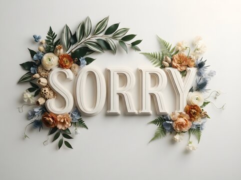 Floral arrangement spelling sorry with delicate blooms and leaves on a neutral background apology concept