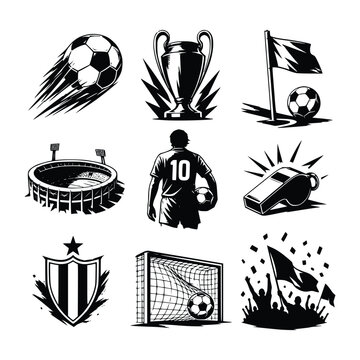 Soccer Football Tournament Black and White Vector Icon Set