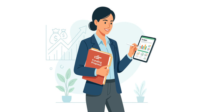Businesswoman analyzes financial data on tablet, holding funding proposal folder with charts and graphs, representing growth and investment.