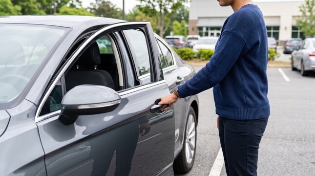Man opening car door to enter vehicle in parking lot, daily commute lifestyle, transportation travel business trip arrival departure scene, automotive industry driver passenger