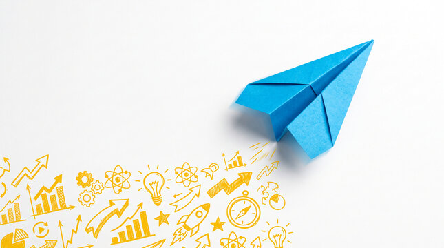 Blue paper plane with yellow sketches of graphs and ideas, symbolizing growth and innovation, with free space for text.