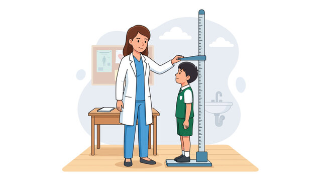 Doctor measuring child's height with stadiometer in medical examination room.