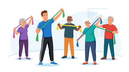Obraz premium Diverse group of seniors and instructor exercising with resistance bands in a bright, modern fitness studio