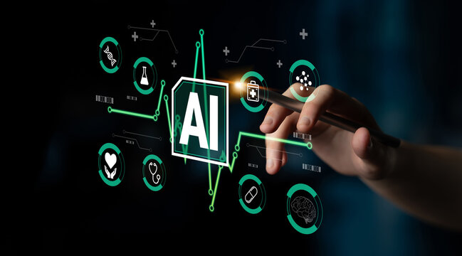 Hand Interacting with Futuristic AI Icons Representing Technology, Health, Science, and Innovation in a Modern Digital Environment Haptic.