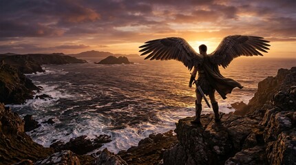 Naklejka premium Winged warrior angel with sword standing on rocky cliff above stormy sea at golden sunset, epic fantasy landscape and dramatic twilight sky.