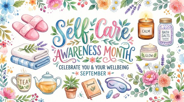 Self-Care Awareness Month Cozy Wellness Collection Watercolor Typography Illustration