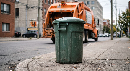 Naklejka premium Green wheeled bin in the foreground with an orange garbage truck on an urban street with the prominent household container and sanitation vehicle beyond in city waste collection.