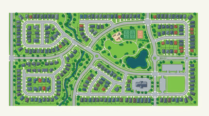 Fototapeta premium Aerial View of Suburban Residential Neighborhood Site Plan Vector Illustration