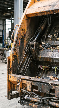Close view inside an orange refuse compactor chamber with cylinders and mixed waste with the hydraulic compression equipment and rugged hopper interior in solid waste processing.
