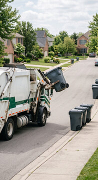 White side-loading garbage truck lifting a black bin on a residential street with the automated arm, raised container, and curbside pickup position in municipal collection.