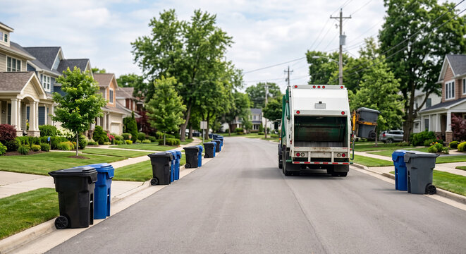 Rear view of a garbage truck passing a long row of blue bins on a suburban street with the organized collection line and active neighborhood route in scheduled refuse pickup.