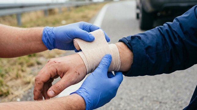 Paramedic wrapping compression bandage on injured arm after roadside traffic accident, emergency medical first aid care.
