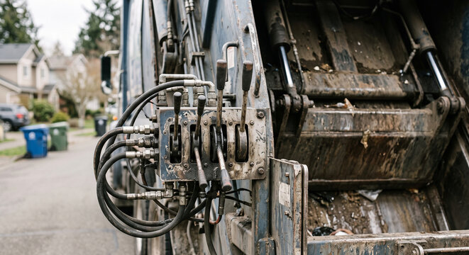 Close rear view of garbage truck compactor linkage, hydraulic hoses, and steel joints with the working connections and heavy mechanical assembly in refuse equipment detail.