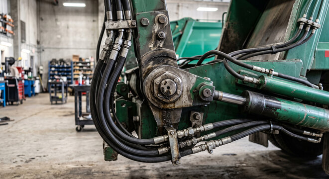 Close view of a green hydraulic lifting arm pivot and hoses inside a workshop with the painted steel joint and connected fluid lines in sanitation equipment repair.