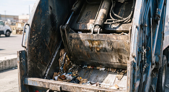 Close view into a garbage truck rear compactor hopper containing mixed refuse with the steel compression chamber and waste loading surface in refuse processing.
