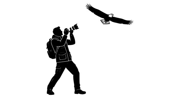 Black silhouette photographer aiming telephoto camera at soaring eagle for wildlife photography nature travel and outdoor vector design