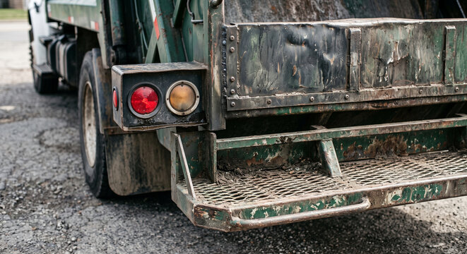 Close view of a dirty green garbage truck rear step, bumper, lights, and hardware with the road-worn safety platform and vehicle fittings in fleet inspection.