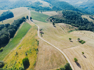 Naklejka premium Aerial drone view of a winding dirt track bisecting sun-scorched hillside pastures and a vibrant green crop field in rolling countryside. Rural concept.
