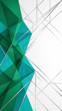 Abstract geometric background with green and teal polygons and silver lines, representing modern design and digital art concepts