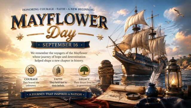 Mayflower Day celebration with historical elements and a ship at sea