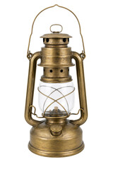 Antique brass oil lantern with a glass globe and wick stands upright, isolated on a clean white background © Chinases