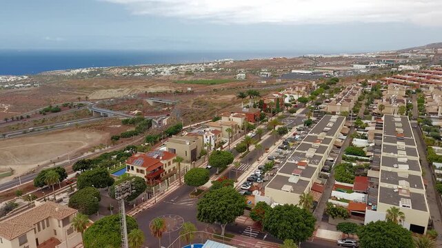 Aerial view of residential streets and coastline in Adeje, Tenerife, Canary Islands