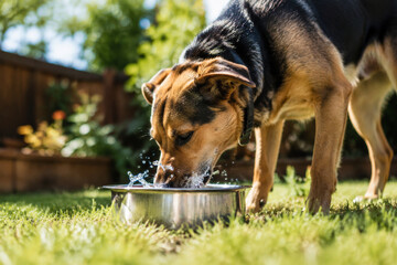 Fototapeta premium Dog drinking water from metal bowl in backyard, pet hydration and thirst