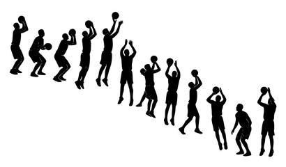 Fototapeta premium Basketball Shooting Action Silhouettes with Jump Shot Fadeaway Three Point and Player Training Poses