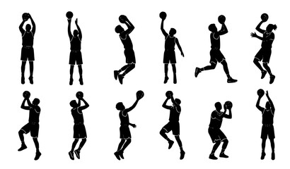 Obraz premium Basketball Player Shooting Silhouettes Vector Set with Jump Shot Three Point Fadeaway and Training Poses