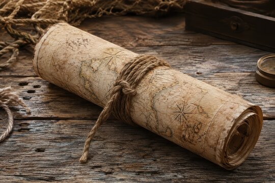 Old treasure map scroll tied with rope on rustic wooden table, surrounded by nautical elements