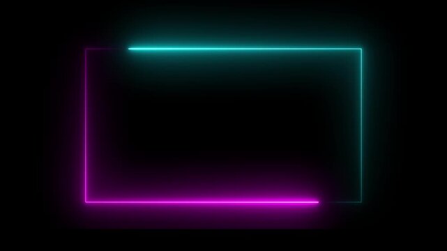 Neon Rectangle Picture Frame Icon Animation Glowing Pink And Cyan Color neon box round shape screen rotation border frame effect seamless footage smooth line wallpaper on black background