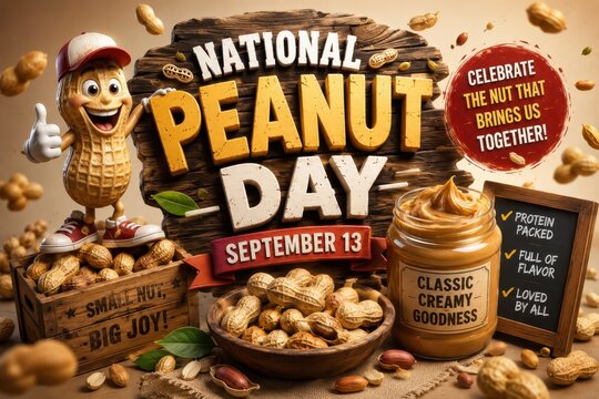 National Peanut Day celebration featuring a cheerful peanut mascot, creamy peanut butter, and whole peanuts, highlighting the joy of the nut