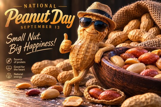 Happy peanut character with sunglasses giving thumbs up and wearing hat surrounded by peanuts and burlap sack, celebrating National Peanut Day