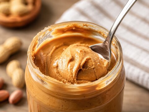 Close-up of a jar of creamy peanut butter with a spoon, surrounded by peanuts