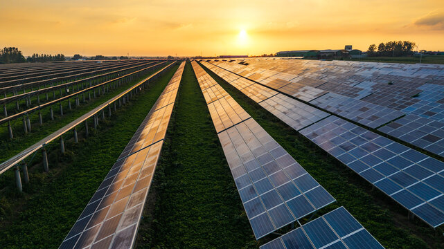 A large scale solar farm with orderly panel rows at sunset, generating clean renewable energy.